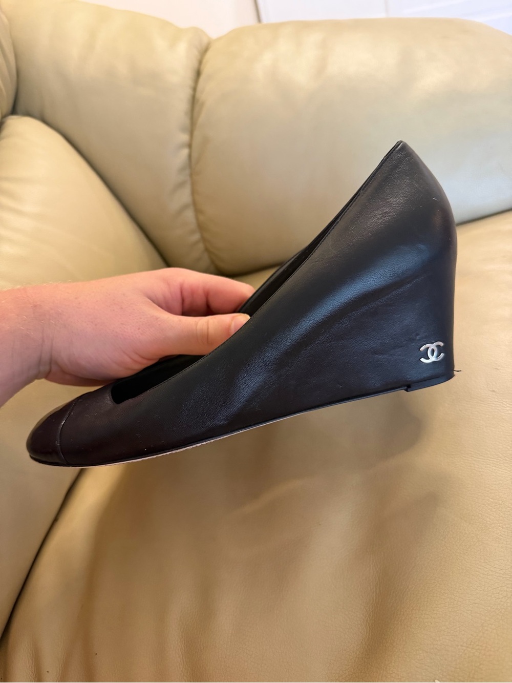 CHANEL Cap Toe Wedge Pumps Black Leather & Patent Leather Size 41